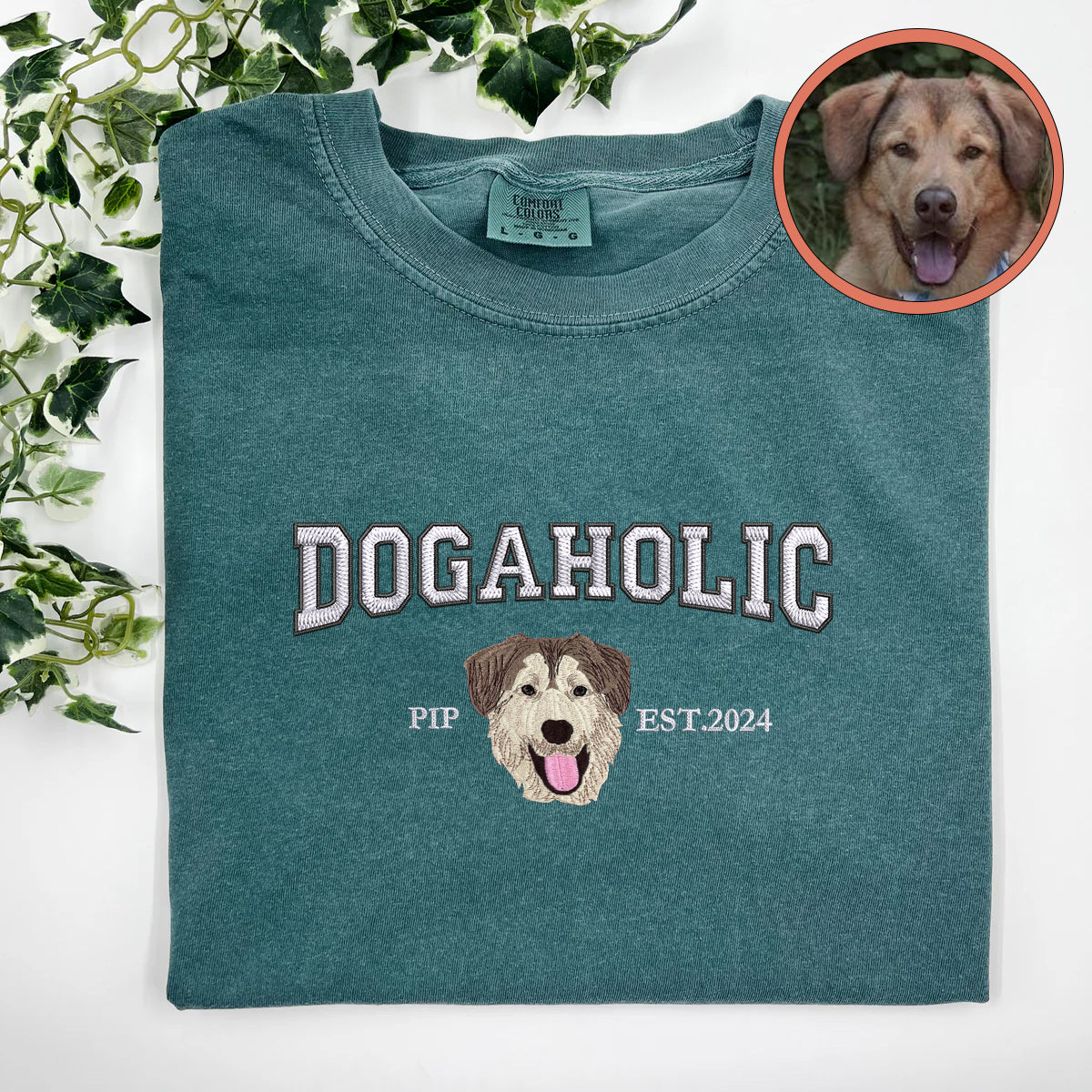 Custom Full-Color Varsity Dogaholic Embroidered T-Shirt