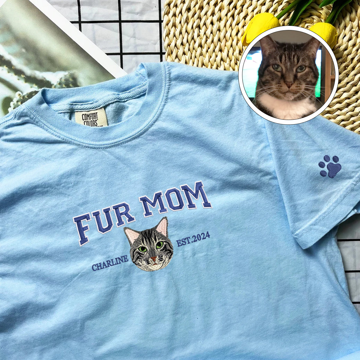 Custom Full-Color Varsity Fur Mom Embroidered T-Shirt