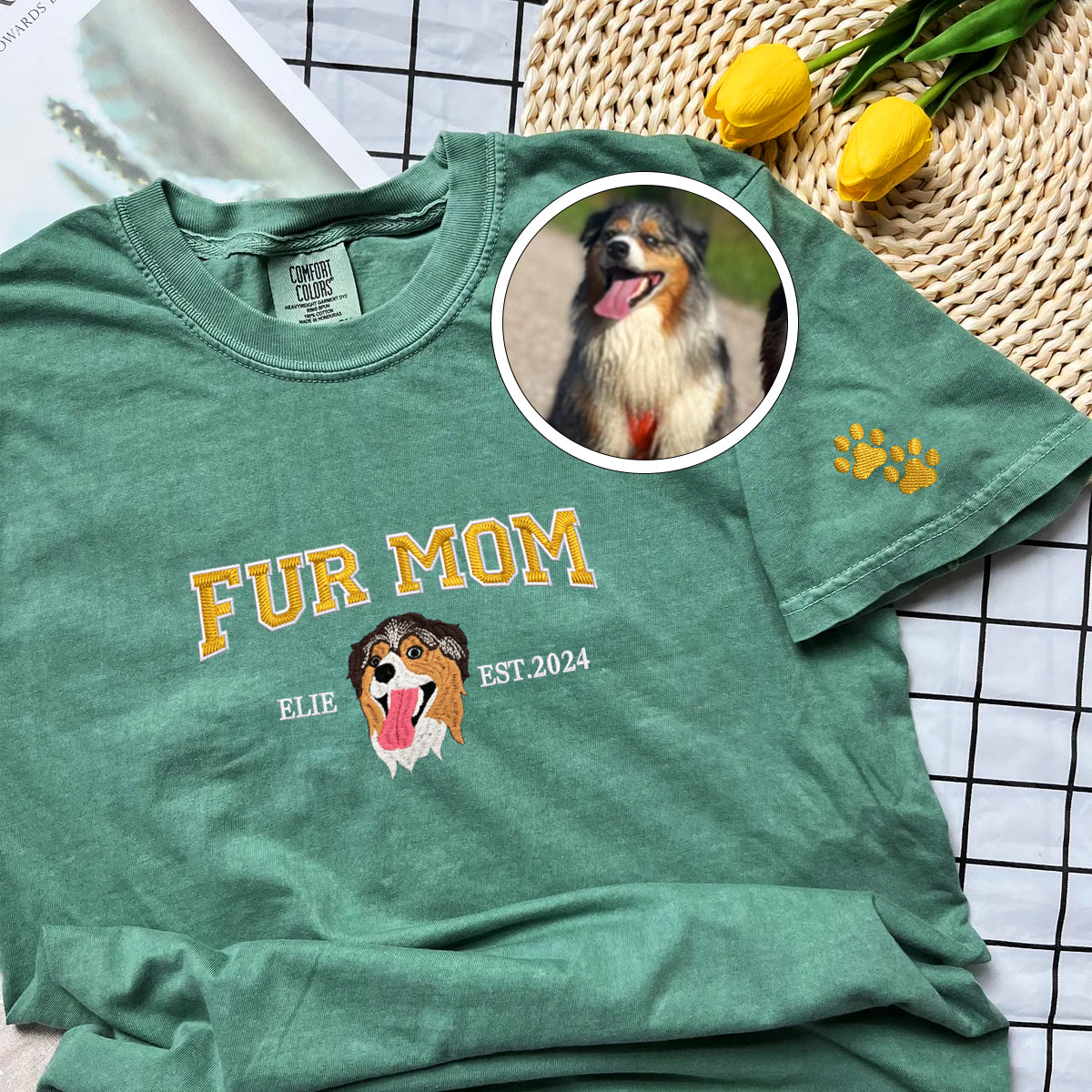 Custom Full-Color Varsity Fur Mom Embroidered T-Shirt