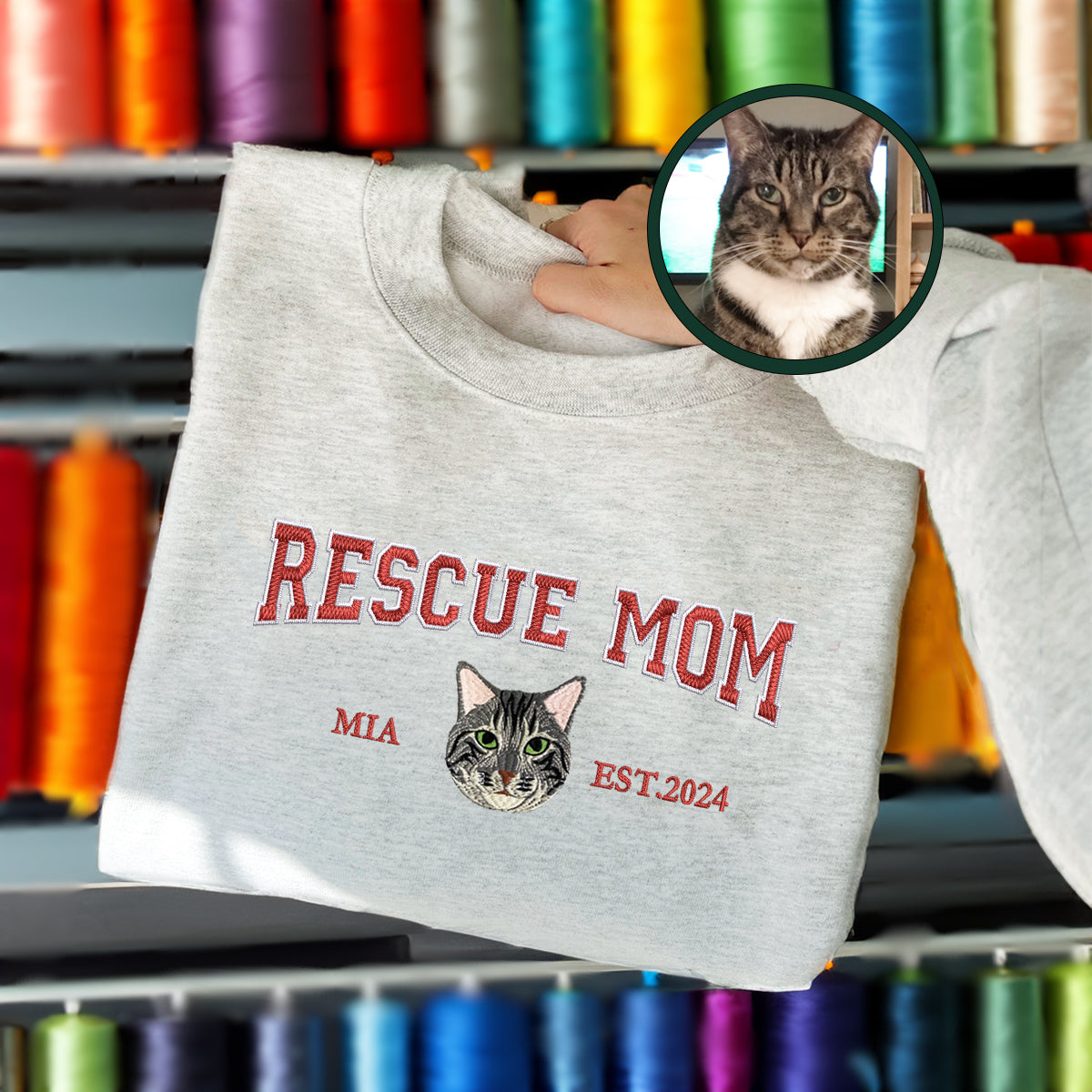 Custom Full-Color Varsity Rescue Mom Embroidered Sweatshirt