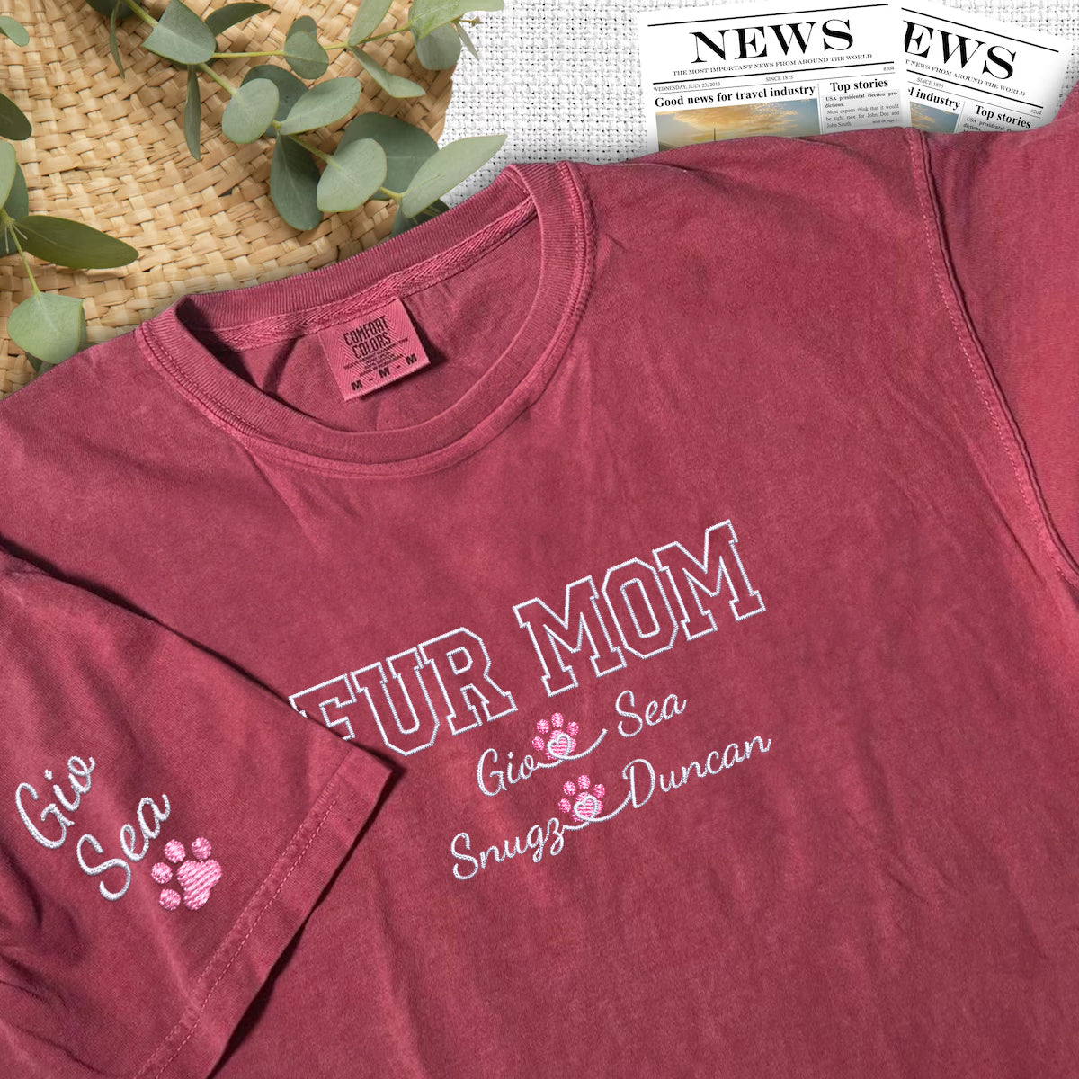 Custom Fur Mom With Names Embroidered T-Shirt