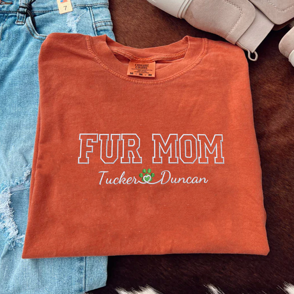 Custom Fur Mom With Names Embroidered T-Shirt