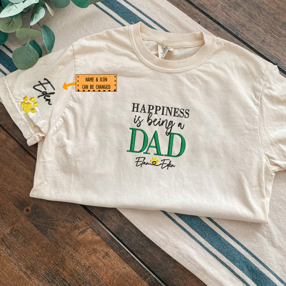 Custom Happiness Is Being A Dad With Names Embroidered T-Shirt