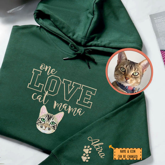 Custom One Love Cat Mama Embroidered Hoodie