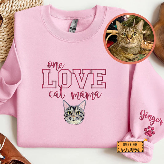 Custom One Love Cat Mama Embroidered Sweatshirt