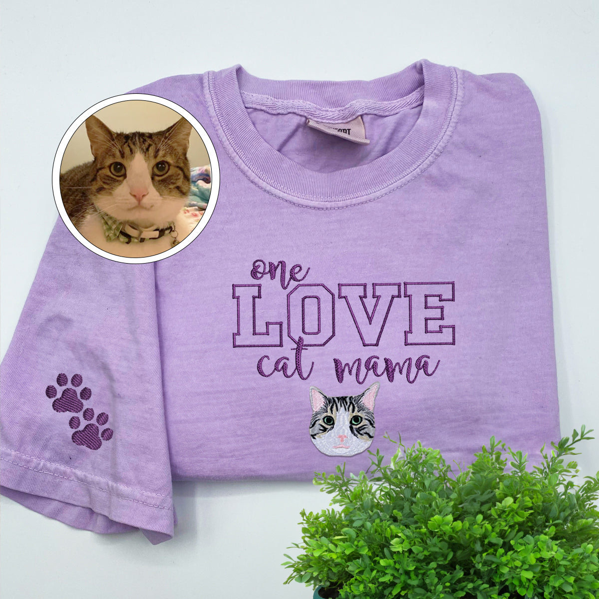 Custom One Love Cat Mama Embroidered T-Shirt