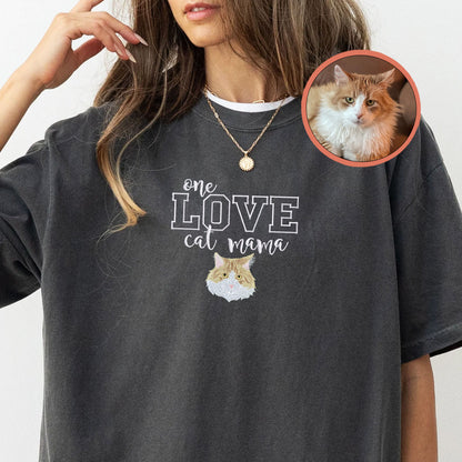 Custom One Love Cat Mama Embroidered T-Shirt