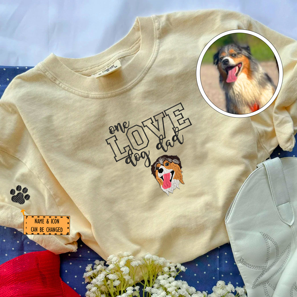 Custom One Love Dog Dad Embroidered T-Shirt