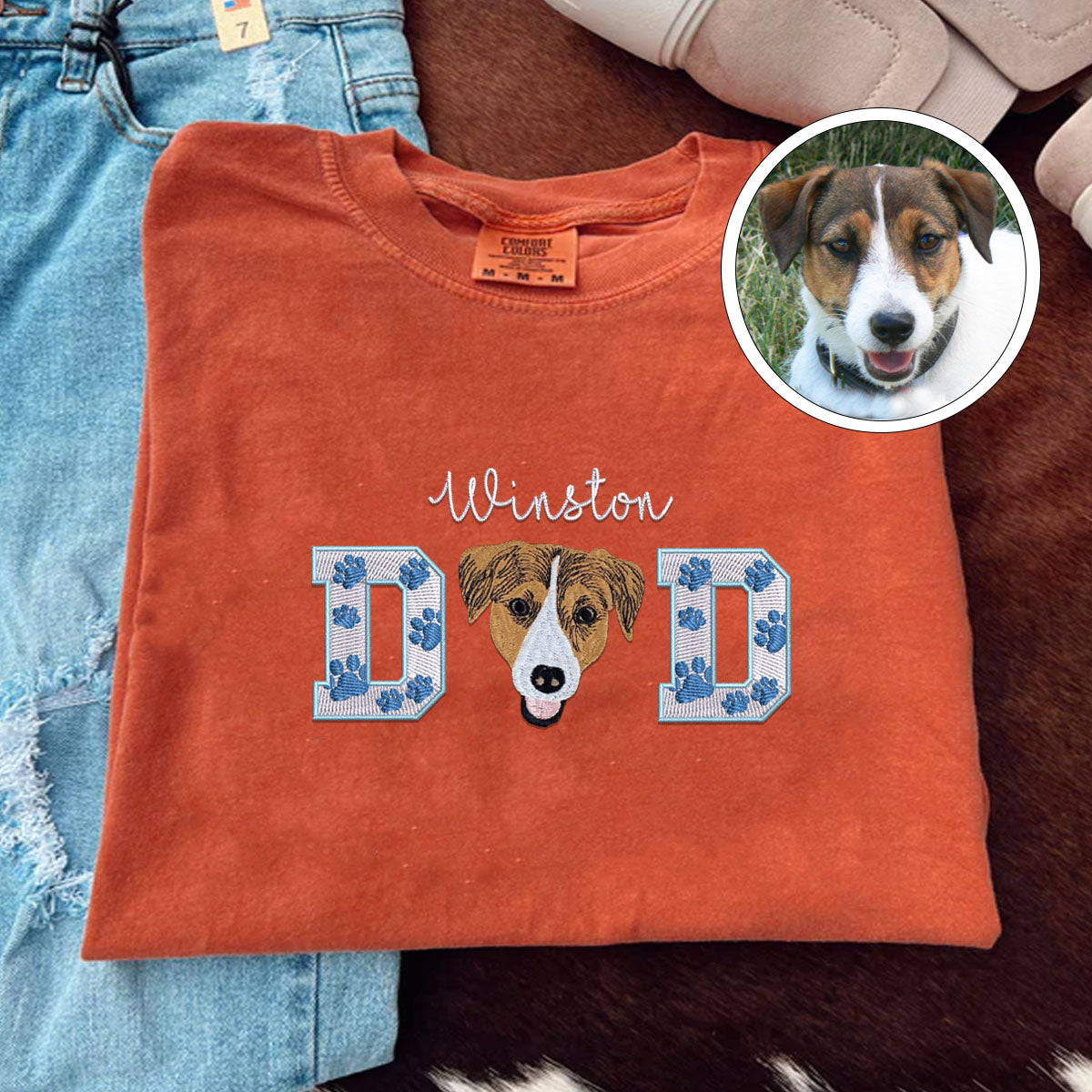 Custom Pet Dad With Pet Photo Embroidered T-Shirt