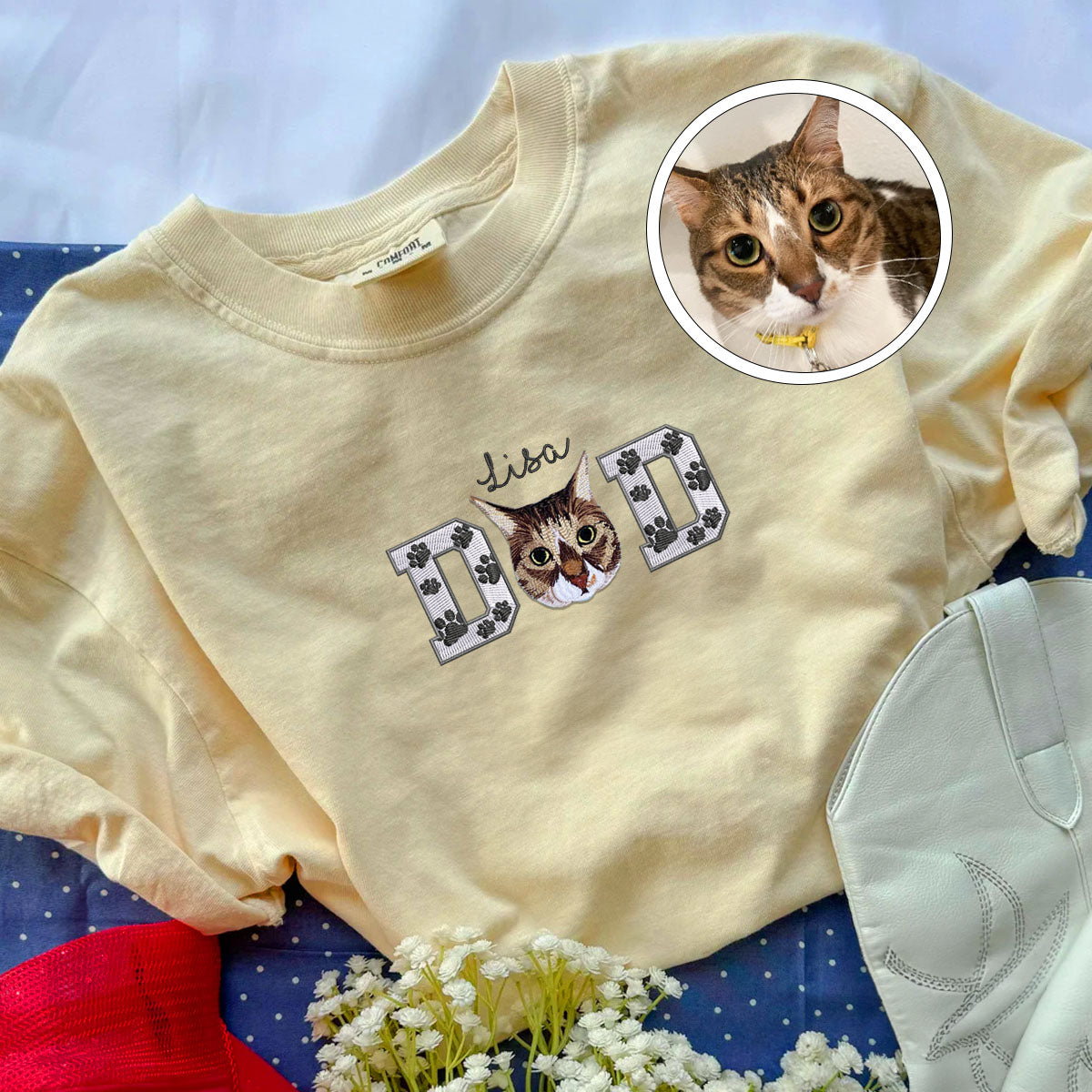 Custom Pet Dad With Pet Photo Embroidered T-Shirt