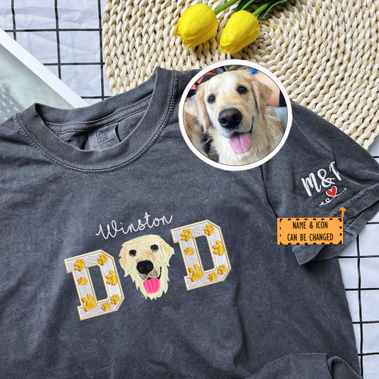 Custom Pet Dad With Pet Photo Embroidered T-Shirt