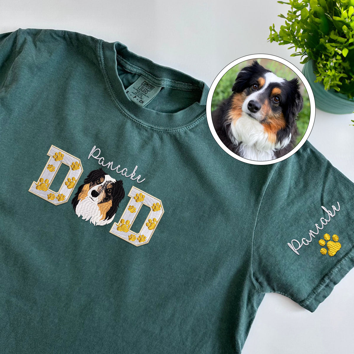 Custom Pet Dad With Pet Photo Embroidered T-Shirt